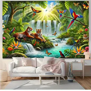 1pc, Tropical Rainforest Wall Mural with Two Tigers Relaxing by Waterfall – Vibrant Jungle Backdrop for Living Room, Bedroom, Office Decor |   Multipurpose Photography Prop & Party Decoration, Perfect Holiday Gift, Studio Backdrop