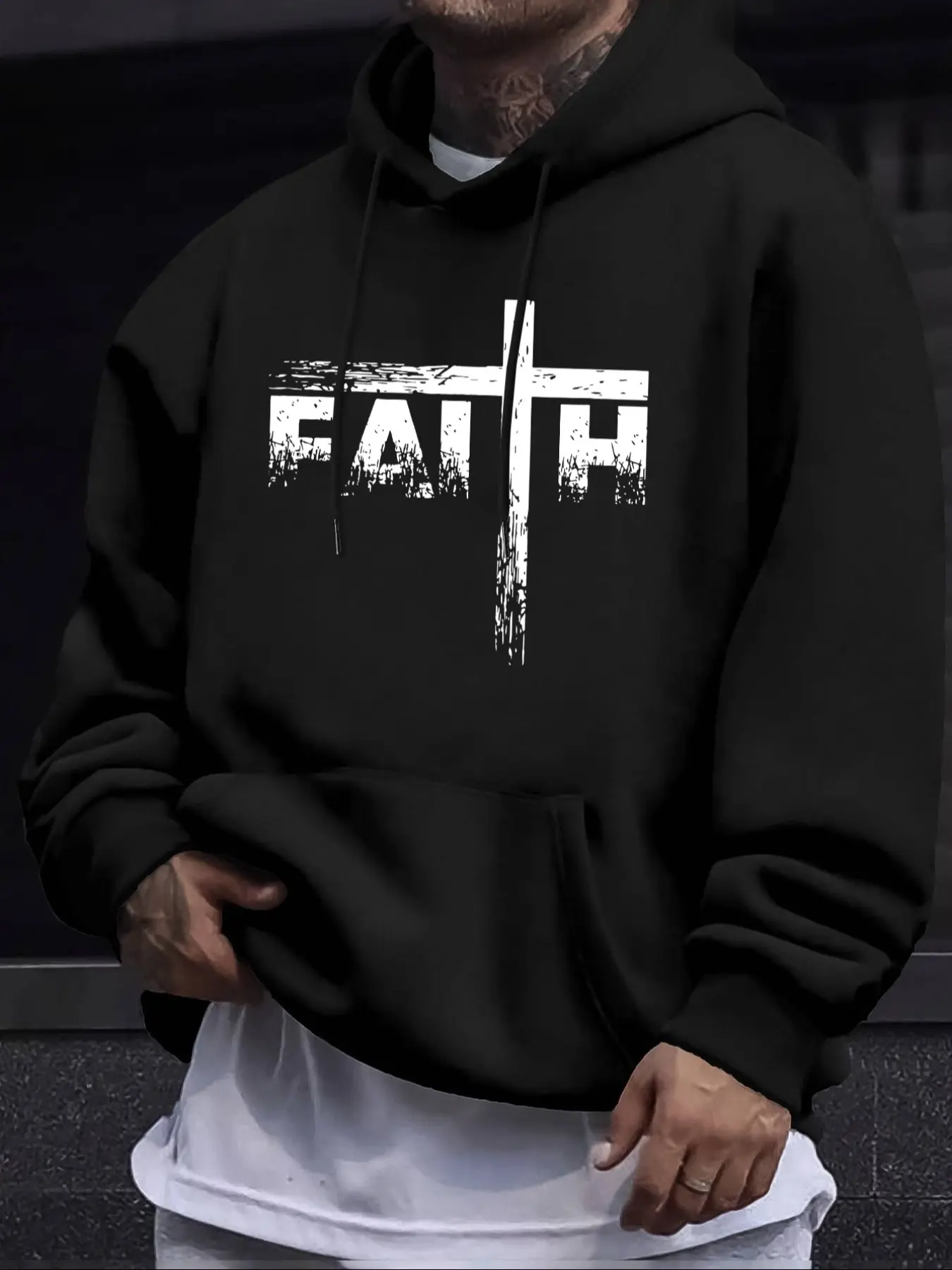 Men's Letter Cross Print Fleece Hoodie, Casual Unisex Fitted Thick Knitted Fabric Pullover, Fall & Winter Fashion, Comfortable Fit