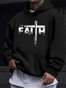 Men's Letter Cross Print Fleece Hoodie, Casual Unisex Thick Fabric Pullover, Fall & Winter Fashion, Comfortable Fit