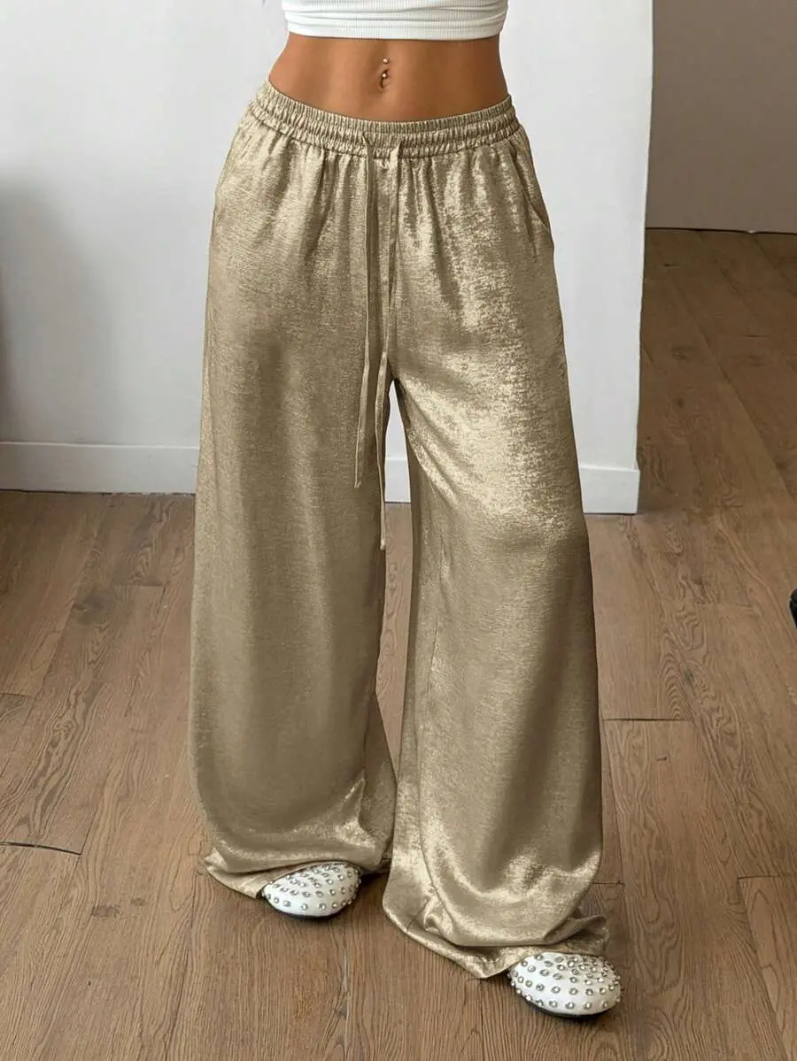 Women's LUNA LAYER Metallic Gold Polyester Loose Straight Bottom Pants - Glossy Fabric, Curved Hem, Drawstring, Pockets, Comfortable Streetwear for Party, Festival