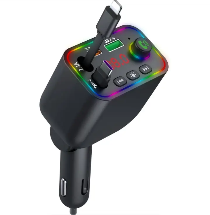 [Upgraded] Multifunctional FM Transmitter Car Adapter with LED Bluetooth-compatible 2 Retractable cables Car Charger ,Adjustable frequency 87.5-108，Wi