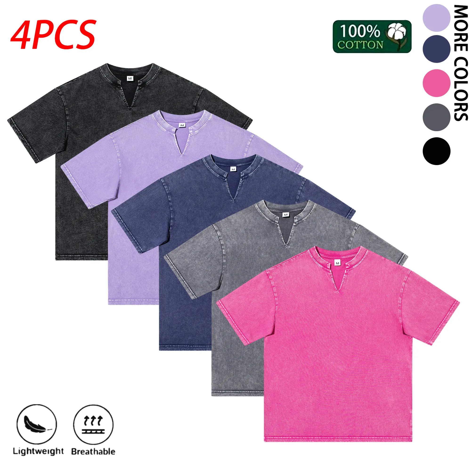 Pack of 4 unisex classic American vintage T-shirts, 100% pure cotton, crew neck top with patch pocket, double-line stitching, casual wear for all occasions, suitable for layering across seasons, ideal for work, school, streetwear, and home leisure.