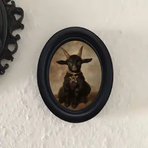 Cute Goat Pentagram Vintage Wall Art, Gothic Oval Frame, Dark Unique Indoor Decor, Perfect for Halloween, Christmas, Thanksgiving