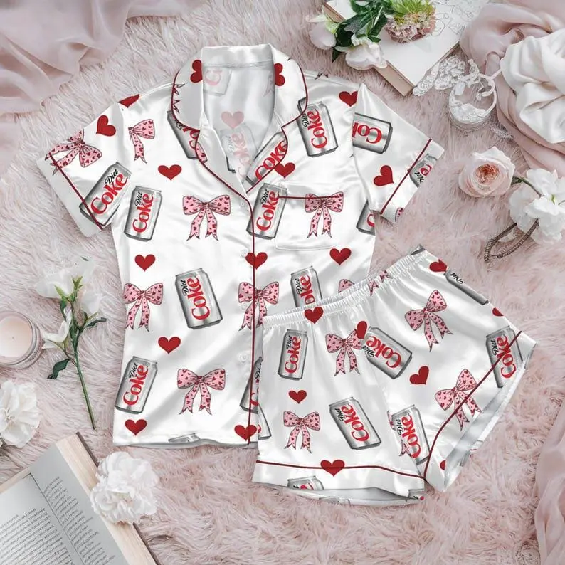 Novelty Bow Print Pajama Set for Women, Satin Loungewear Sleepwear, Cute Lounge Set for Relaxing at Home