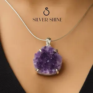 Amethyst Druzy - pendant - silver jewelry - Chunky pendant - Statement - Natural Gemstone-Healing Stone