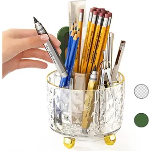 360? Rotating Pencil Holder for Desk, Makeup Brush Holder with 6 Slots, Desk Organizer for Writing Utensil, Office and School Supplies (Transparent)