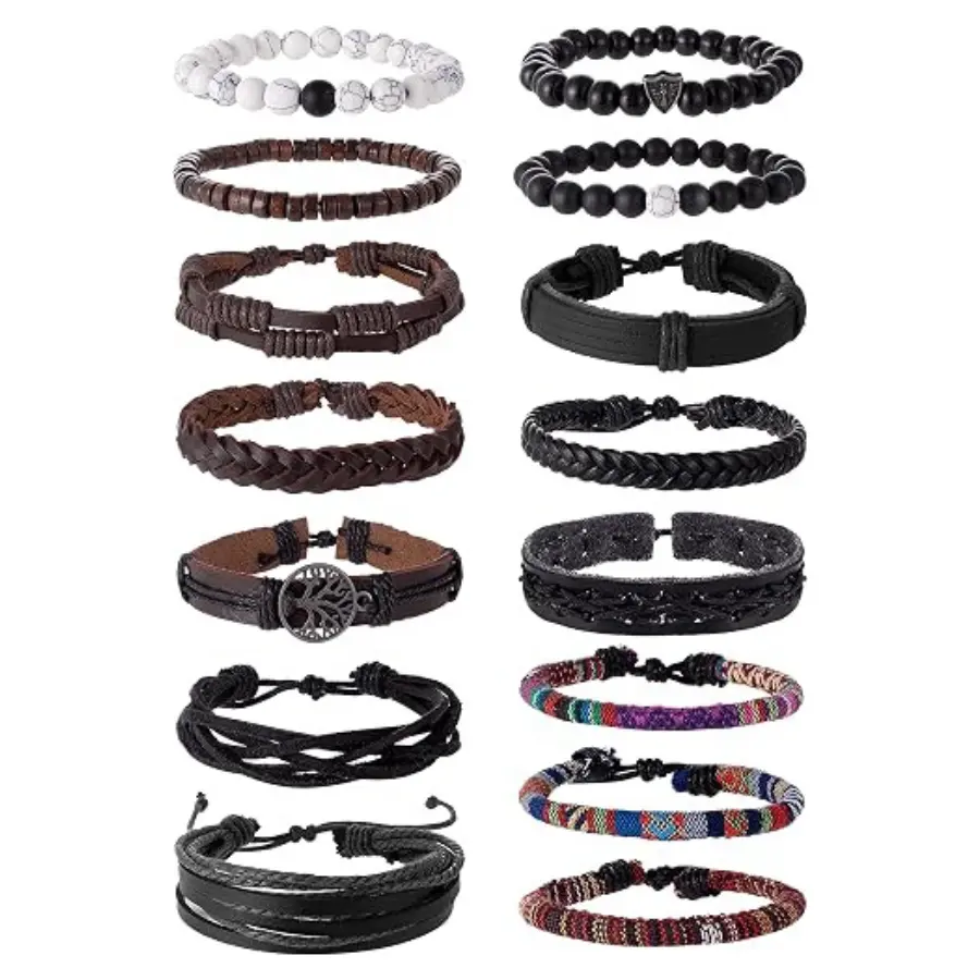 15 Pcs Braided Leather Bracelet Set – Adjustable Woven Wrap Wristbands with Wood Beads for Men & Women