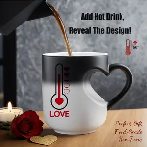 Magic Color Changing Heart Handle Mug, Thermosensitive Ceramic Mug Thermometer, 11 Oz/330 Ml, Valentine's Day Gift for Her, Mom, Lover