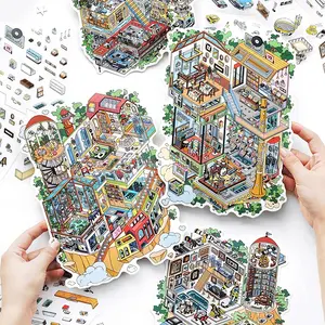 3 Sheets/pack 2.5D Large Landscape Stickers for DIY, Creative Business Theme Scrapbooking Materials, Ideal for Phone Cases and Cups