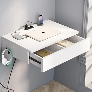 ALISENED Floating Wall Mounted Laptop Desk with Power Outlets and 2 USB Ports, Computer Desk with Drawer, PC Desk with Headphone Hook Monitor Riser