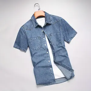 Men’s classic washed denim short-sleeve shirt, American retro casual style, soft skin-friendly pure cotton fabric that is breathable and wicks sweat so it doesn’t feel stuffy, dual chest pockets design—practical and layered, button-front placket is simple