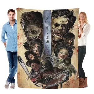 Horror Movie Throw Blanket Chainsaw Terror Design with Characters Soft Plush Flannel Heavyweight 280GSM All-Season Blanket for Couch, Bed, Travel - Perfect Gift for Horror Fans & Halloween Decor Vibrant Color Design
