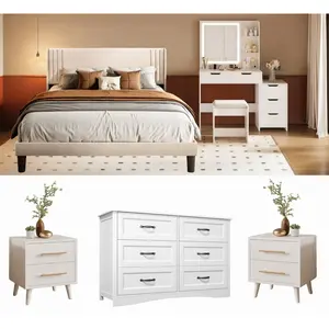 GIZOON Modern 5-Piece Bedroom Dressing Set - White Queen-Size Bed Frame with Headboard, Vanity Desk with 5 Storage Drawers, Mirror, Lights, 6-Drawer Dresser, 2-Piece Nightstands Set