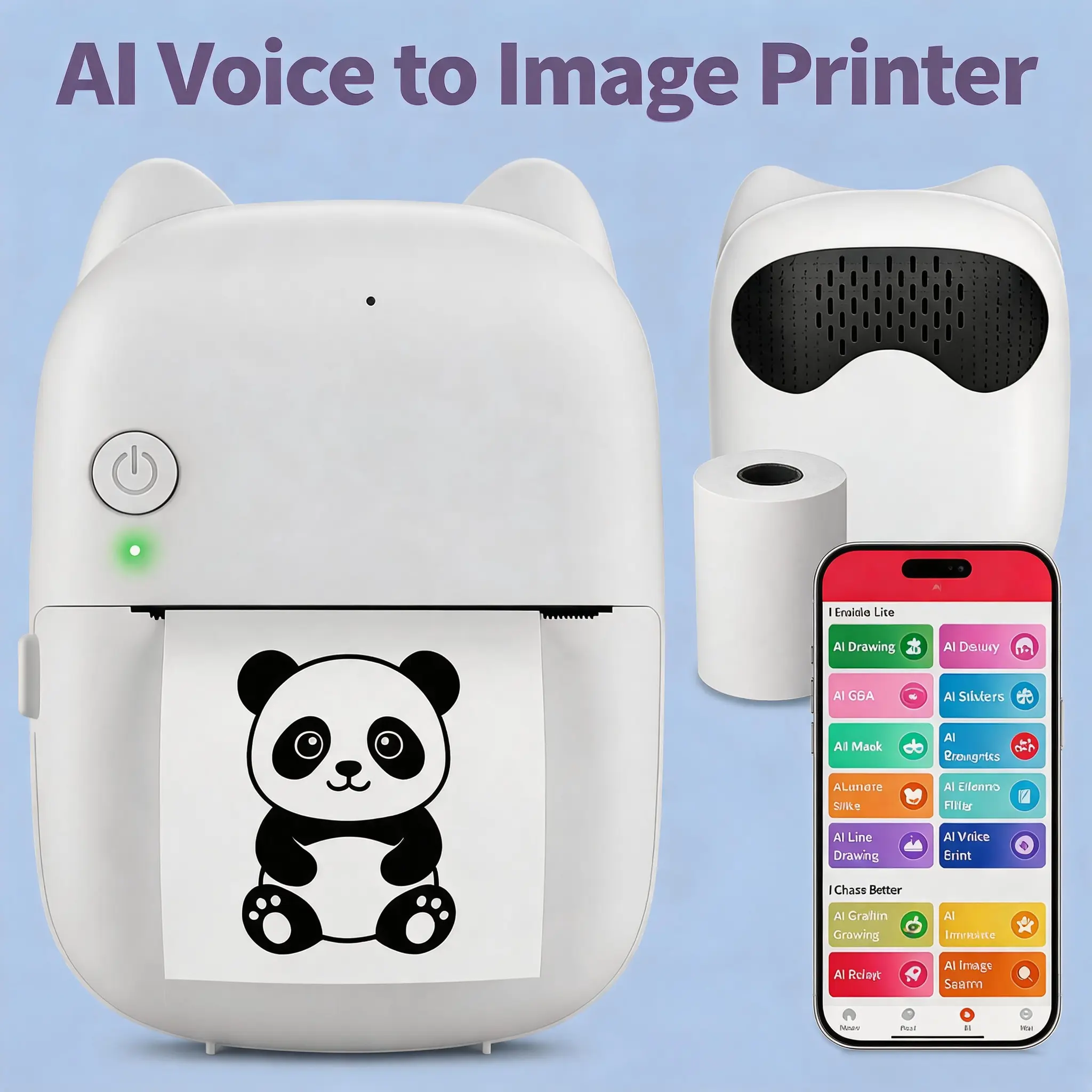 Cordless AI Voice-to-Image Inkless Mini Thermal Printer for Kids Ages 5+, Voice Printing Creative Drawing & Coloring Toy, Portable Office Printer, Black/White, Birthday & Christmas Gift for Boys & Girls