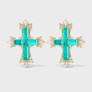 Paraiba Cross Earrings 24K Gold Plated Statement Engagement Wedding Anniversary Gift For Her - booneealus