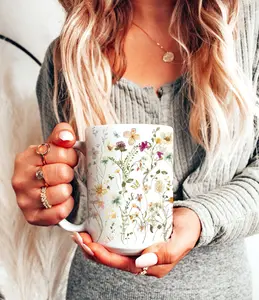 Pressed Flowers Mug Boho Wildflowers Cottagecore Coffee Mug Vintage Botanical Tea Cup