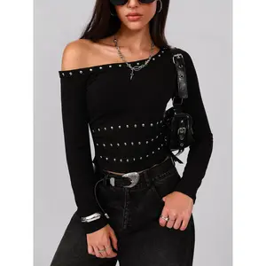 Studded One Shoulder Long Sleeve T-Shirt