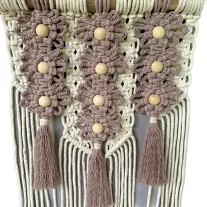 Boho Macrame Wall Hanging – Floral Bead Decor with Tassels on Driftwood – Rustic Cute Home Accent Hangable Ornaments