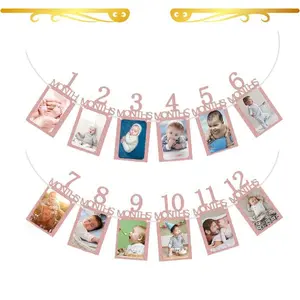 Baby First Birthday Photo Banner, 1st Birthday Party Decorations for Boys & Girls, Newborn to 12 Month Monthly Milestone Photo Garland with Frames, One Year Birthday Celebration Keepsake Banner Decor