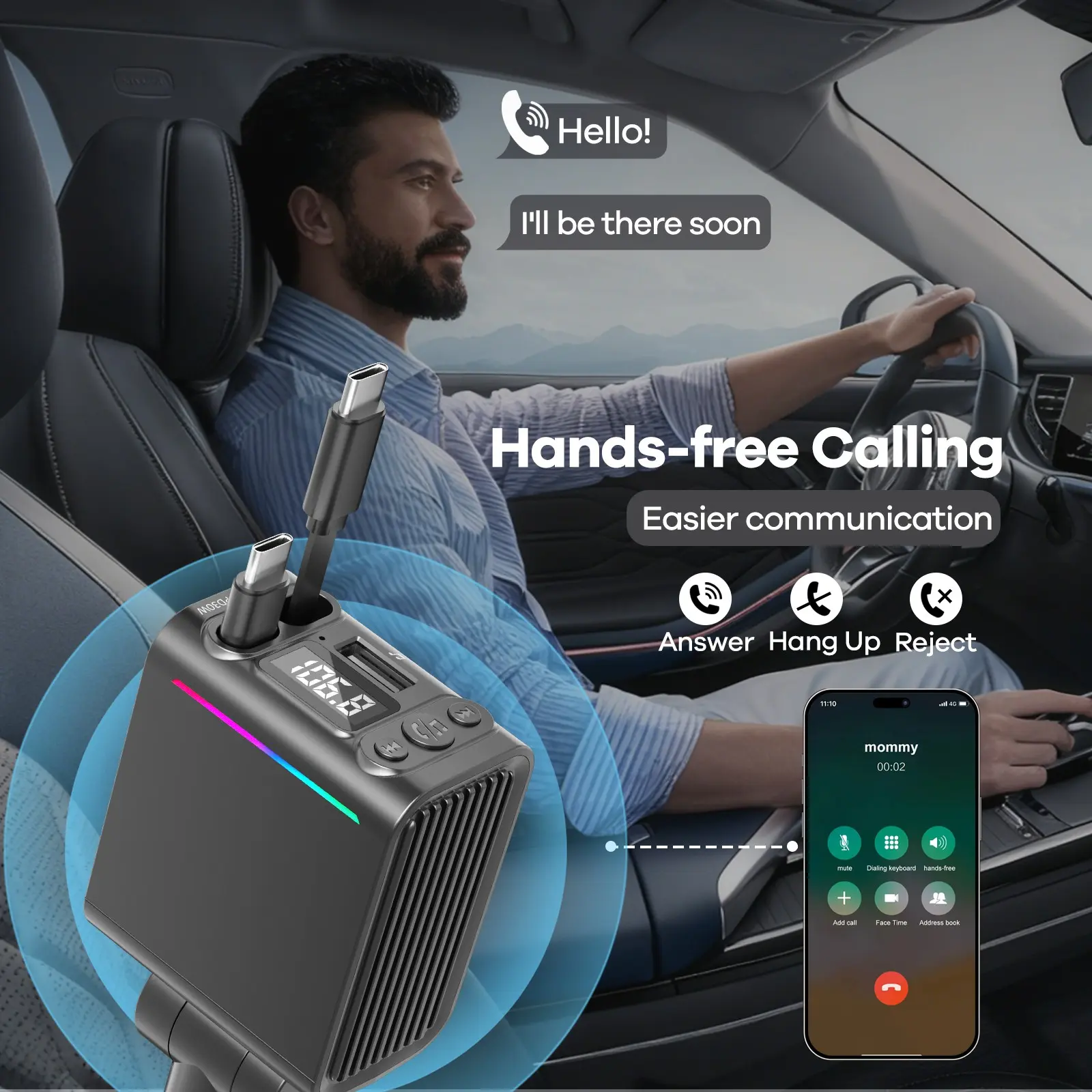 Bluetooth Car Charger, Retractable automotive charger with RGB Lights & 29' Retractable Cable, PD 30W Fast Charging, BT 5.3 for Hands-free Call/Music, Auto Reconnect, Type-C Car Charger for Apple/Android, Car Accessories, Car Essential for Travel