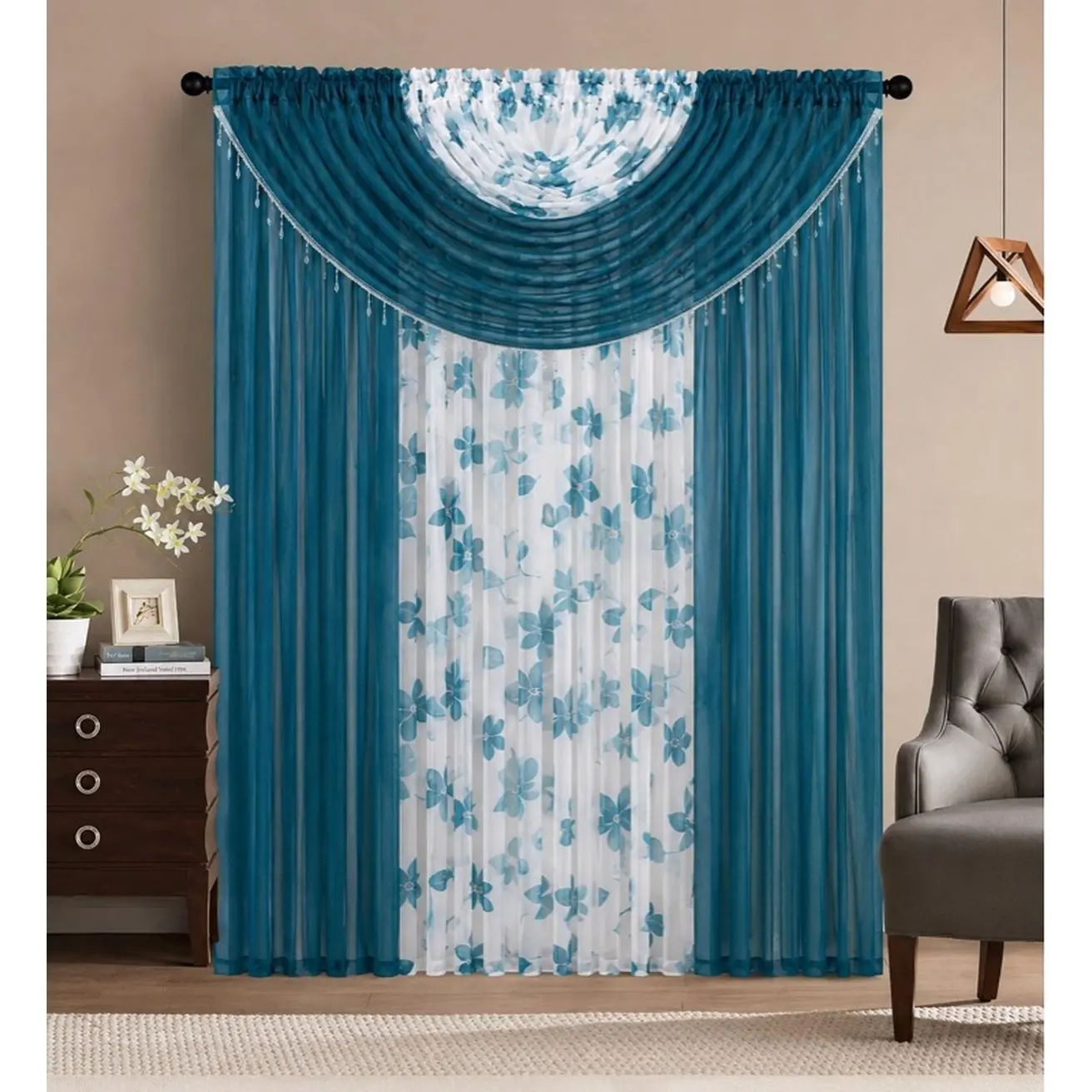 4 Piece Luxury Sheer Curtain with Attached Valance