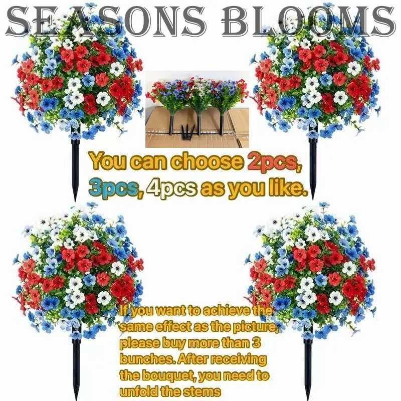 (2-4 sets) Patriotic artificial flowers, Decorative flowers, Floral Decoration, red + white + blue outdoor artificial flowers, non-fading plastic items, suitable for decorating the porch and courtyard when celebrating Independence Day, anniversary