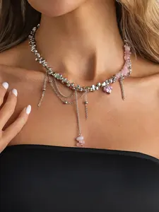 Vintage Acrylic Beaded Necklace, Gemstone Heart Pendant, Bohemian Fringe Necklace, Casual Style, Perfect for Daily Wear and Gifts