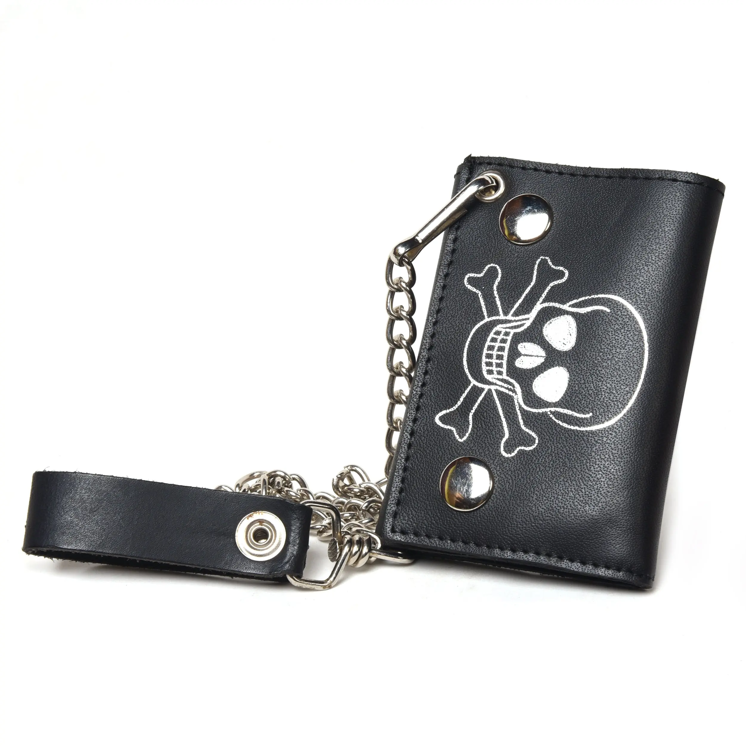 Genuine Leather Trifold Wallet for Men, Biker Skull & Bones Design with Detachable 14-inch Chain and ID Window, Genuine Leather Wallets, Men's Wallet
