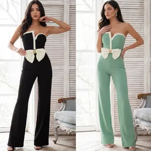 RIBBON BOW UNEVEN STRAPLESS JUMPSUIT - STRIPED EDGES - FLARE BOTTOM - ZIPPER ON THE BACK