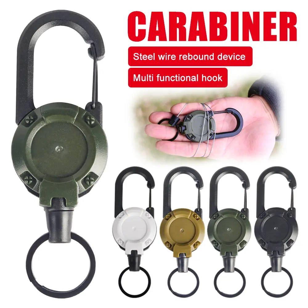 2 Pack Heavy Duty Retractable Carabiner Keychain, Anti-Theft Steel Wire Retractable Badge Reel Clip ABS Multi-Tool Key Holder for Camping Fishing Golf Outdoor Sports, Black/Khaki/Army Green/White, Outdoor Gear