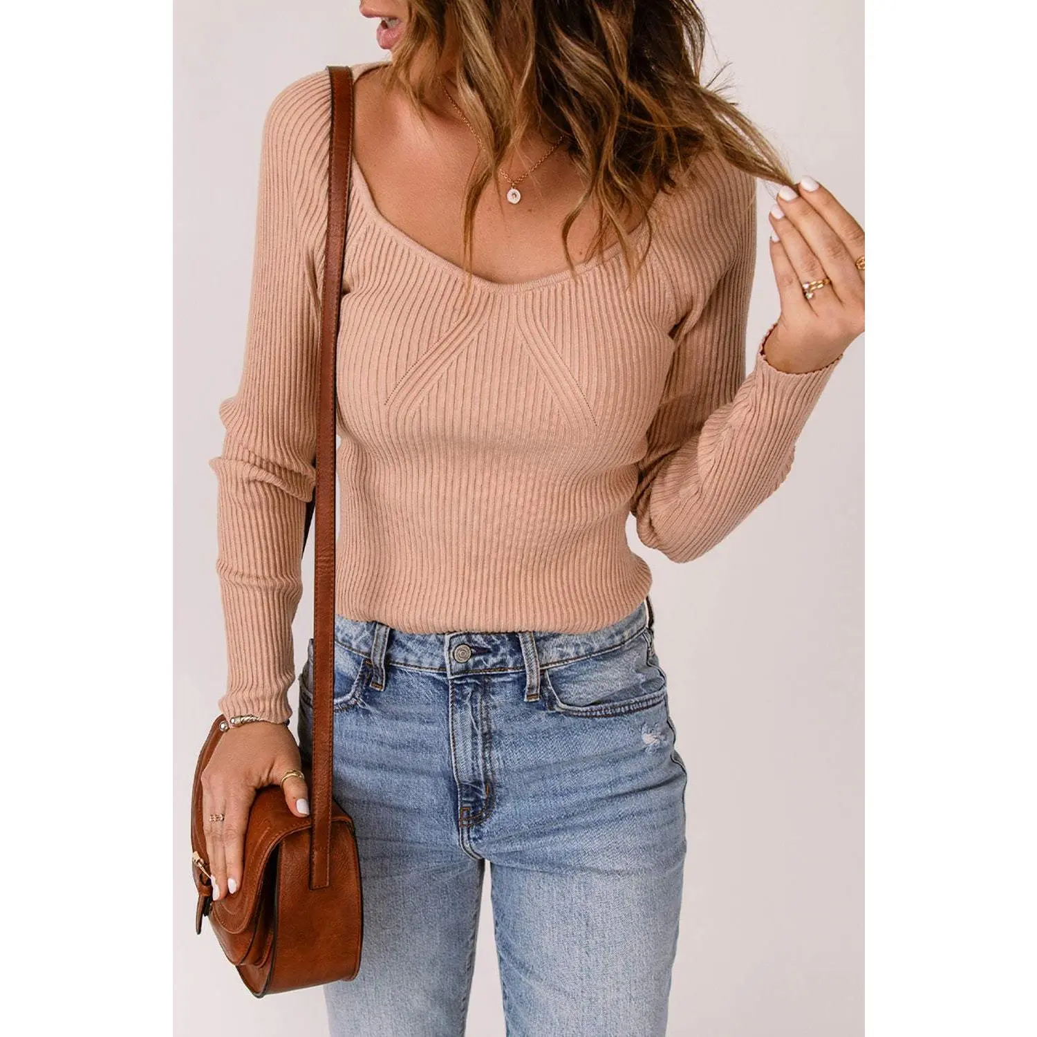 Scoop Neck Rib-Knit Raglan Sleeve Sweater