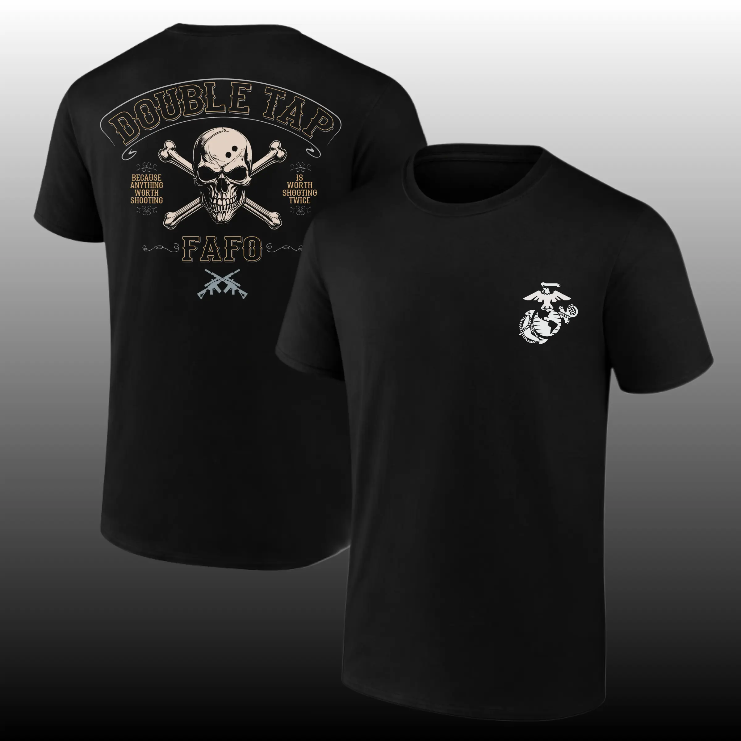 U.S. Marines "Double Tap Marines" T-Shirt – Vintage Skull Crossbones Graphic Tee, Ultra Soft Cotton Blend, USMC Tactical Apparel for Men & Women, Perfect Gift for Marines & Veterans