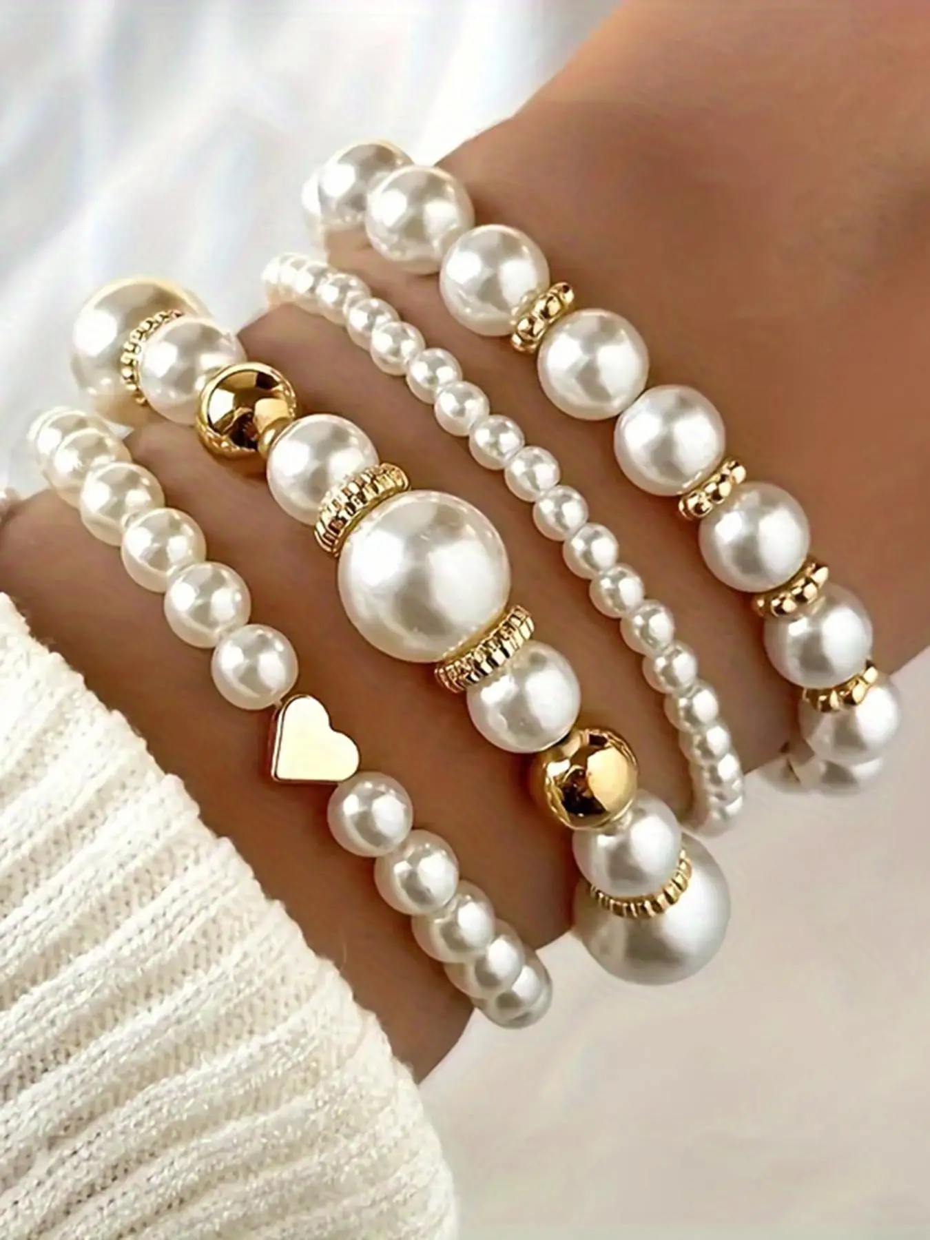 Women's Elegant Faux Pearl & Heart Decorated Design Beaded Bracelet, Exquisite Trendy Beaded Bracelet, Fashionable Jewelry for Women & Girls for Daily