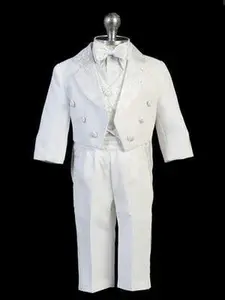 Satin Tailed Baptism Tuxedo Set. Jacket with Embroider on the Back, (2T)
