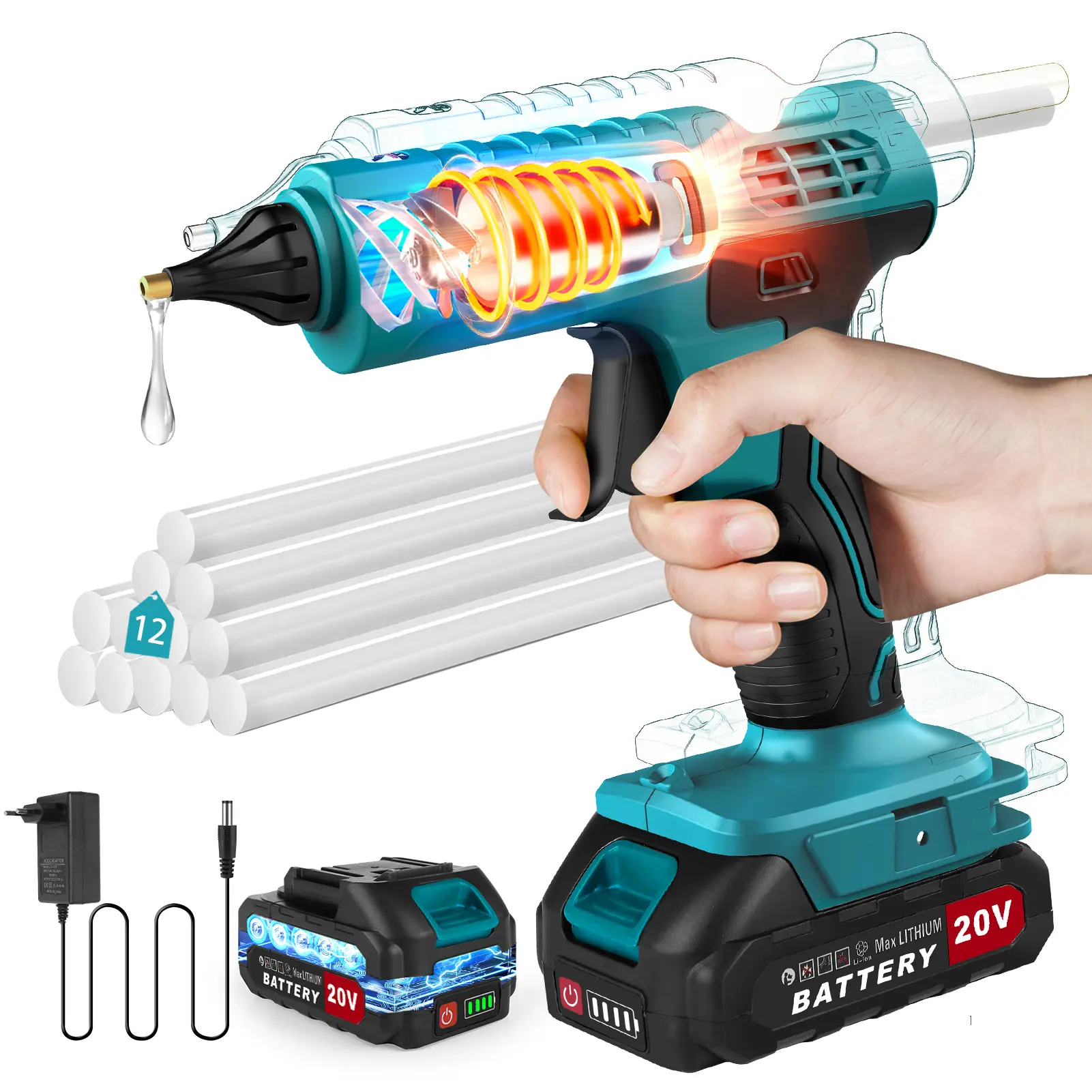 100W Cordless Hot Glue Gun Kit 20V Battery Powered(Battery Included), Wireless Glue Gun Rechargeable with Stand, Heavy Duty Hot Glue Gun with 12pcs 0.43'' Full Size Hot Glue Gun Stick for Craft & DIY electric