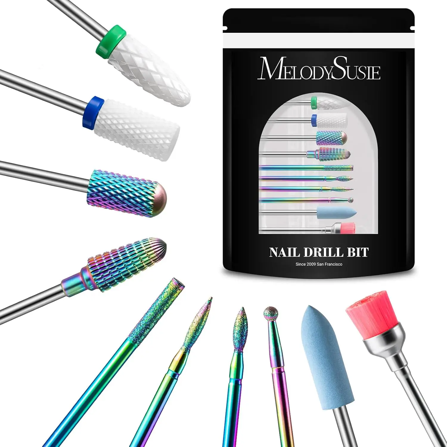 MelodySusie 10Pcs Nail Drill Bits Set, 3/32'' Tungsten Carbide & Ceramic Efile Bits for Acrylic Gel Removal, Diamond Cuticle Bits for Manicure Prep, Salon Home Nail Care Supplies,White & Colorful