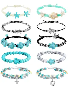 Natural 10 Pcs Colorful Turtle Ankle Bracelets Stylish Waterproof Handmade Starfish Sea Turtle Resin Bracelets for Women Men Adjustable Summer Beach Bracelets Bahamas Souvenirs