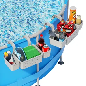 POOLHOUR Poolside Storage Basket with 2 Cup Holders, Stretchable Pool Toy Basket for Towels Beverages, Multifunctional Poolside Holder for Most Frame Pool Accessories (2Pack)