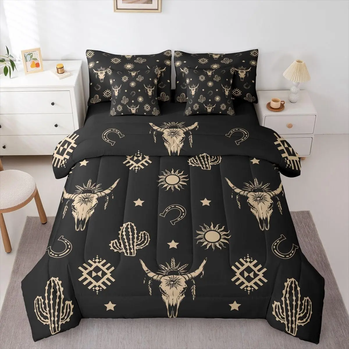 Western Bull Skull Bed in A Bag 7 Pcs Exotic Boho Cow Skull Comforter Set Black Brown Ethnic Horns Bedding Sets Tropical Western Cactus Sheet Set with Comforter
