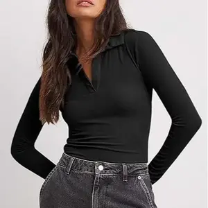 Tankaneo Women’s Long-Sleeve Polo Shirts, V-Neck Collared Work Shirt, Slim Fit, Ribbed Knit, Basic Going-Out Tops for Autumn