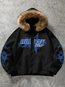 Y2K Cybercore Star Graphic Full Zip Hoodie - Unisex American Streetwear Oversized Fit with Faux Fur Trim Hood, Perfect for Winter Street Style & Daily Outfits.