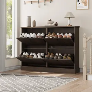 Garvee Shoe Cabinet with 4 Flip Drawers, Large Fluted Storage Cabinet with Adjustable and Removable Shelves, Modern Freestanding Narrow Shoe Organizer for Entryway, Hallway, Walnut