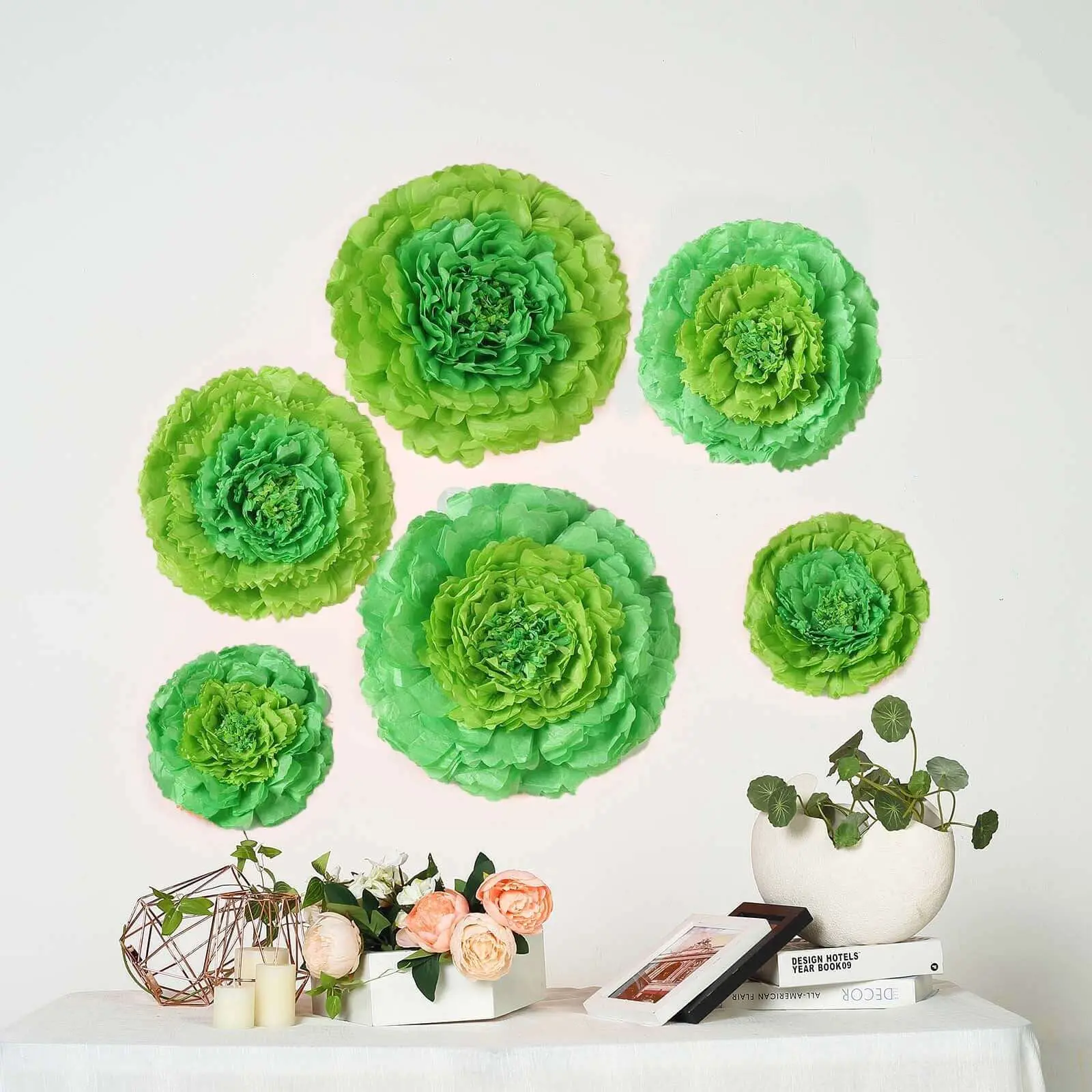 3D Mint Green Artificial Fake Hanging Carnation Paper Flowers Wall Decor Set - 6 Pcs, 12in/16in/20in Sizes, Decorative Floral Decor for Nursery, Home, Artificial Fake Flowers, Garden