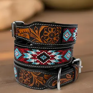 Western Genuine Leather dog collar tooled Leather Beaded Dog Cat Collar, Full grain western Leather Puppy Collar