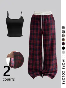 Women's Strapless Vest Set Tank Top, Striped Plaid Check Long Pants, Slim Fit Streetwear Hip Hop Rap Dance Motorcycle Casual Fitted Chic Fashion