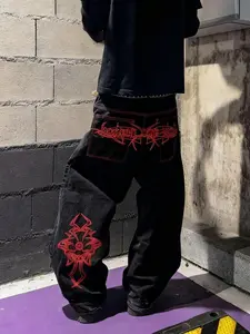 Y2K Vintage Street Style Embroidered Denim Jeans, Heavyweight Washed Jeans, Gothic Dark Fashion, Baggy Wide Leg with Dual Pockets, Streetwear, Denim Embroidery Jeans