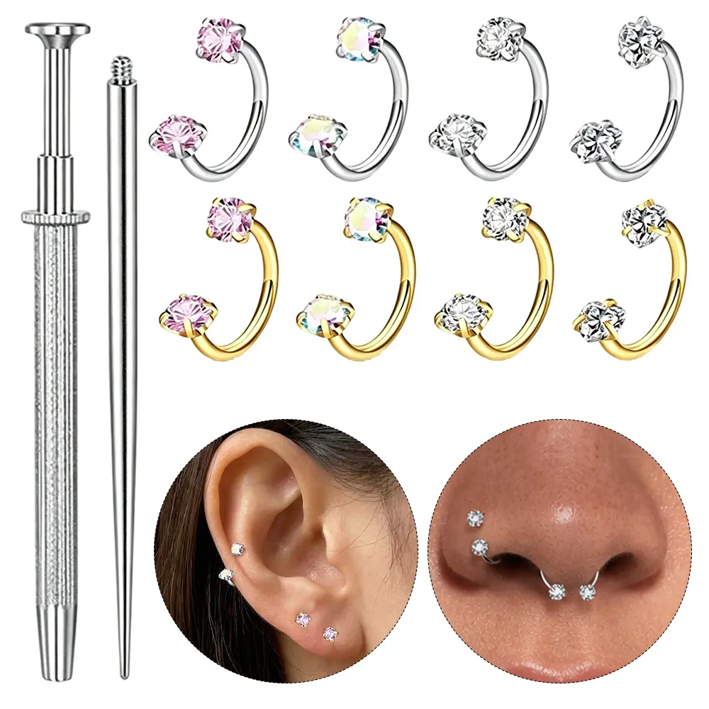 Solid 316 Stainless Steel Curved Piercing Ring Kit (8 Nose Rings, 2-Tool Set) - Puncture & Gripping Tools - For Nostrils, Ear Cartilage - Punk Style, Concerts, Daily Wear - Body Accessory Enthusiasts
