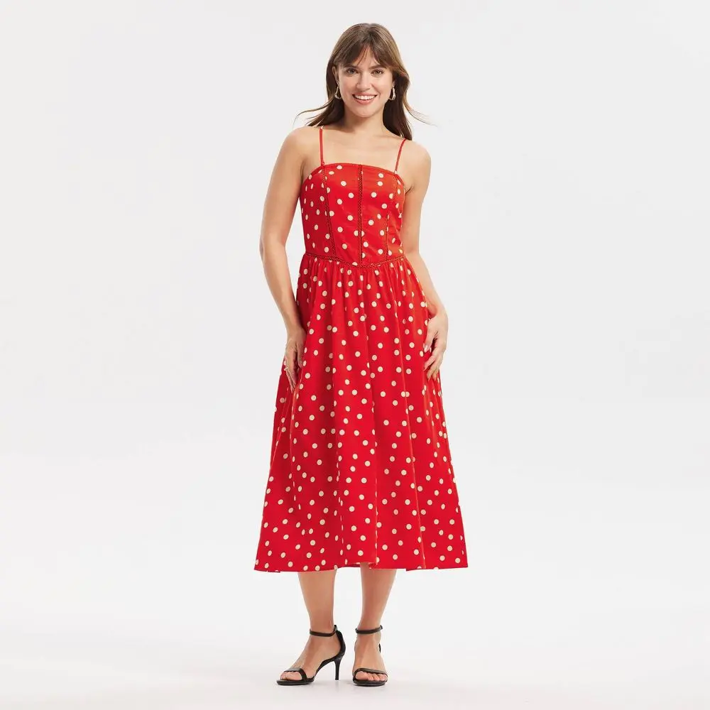 Women's Detachable Strap Midi Dress - A New Day Red Polka Dots L