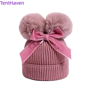 2026 Double Ball Bow Hat Children's Cross border Woolen Thickened Autumn and Winter Preferred Children's Hat Baby Knitted Hat Baby Hat