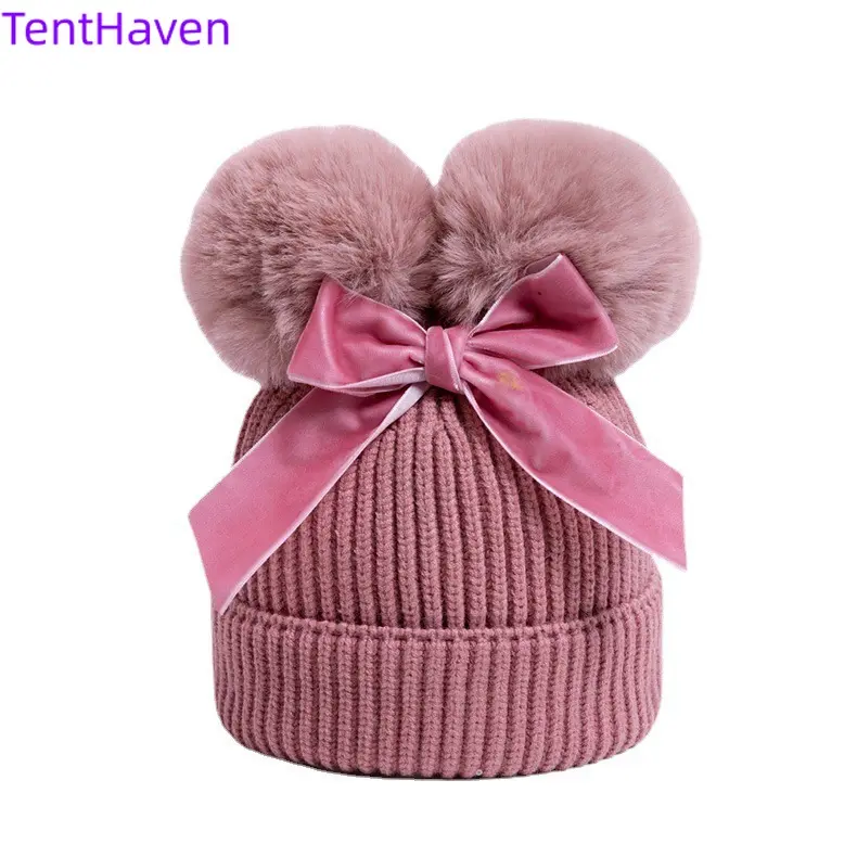 Toddler Girls' Cute Beanie Hat with Dual Pom Poms & Bow, Thick Woolen Knit Warm Winter Cap for Outdoor Activities, Hat With Bow, Knit Beanie Hat